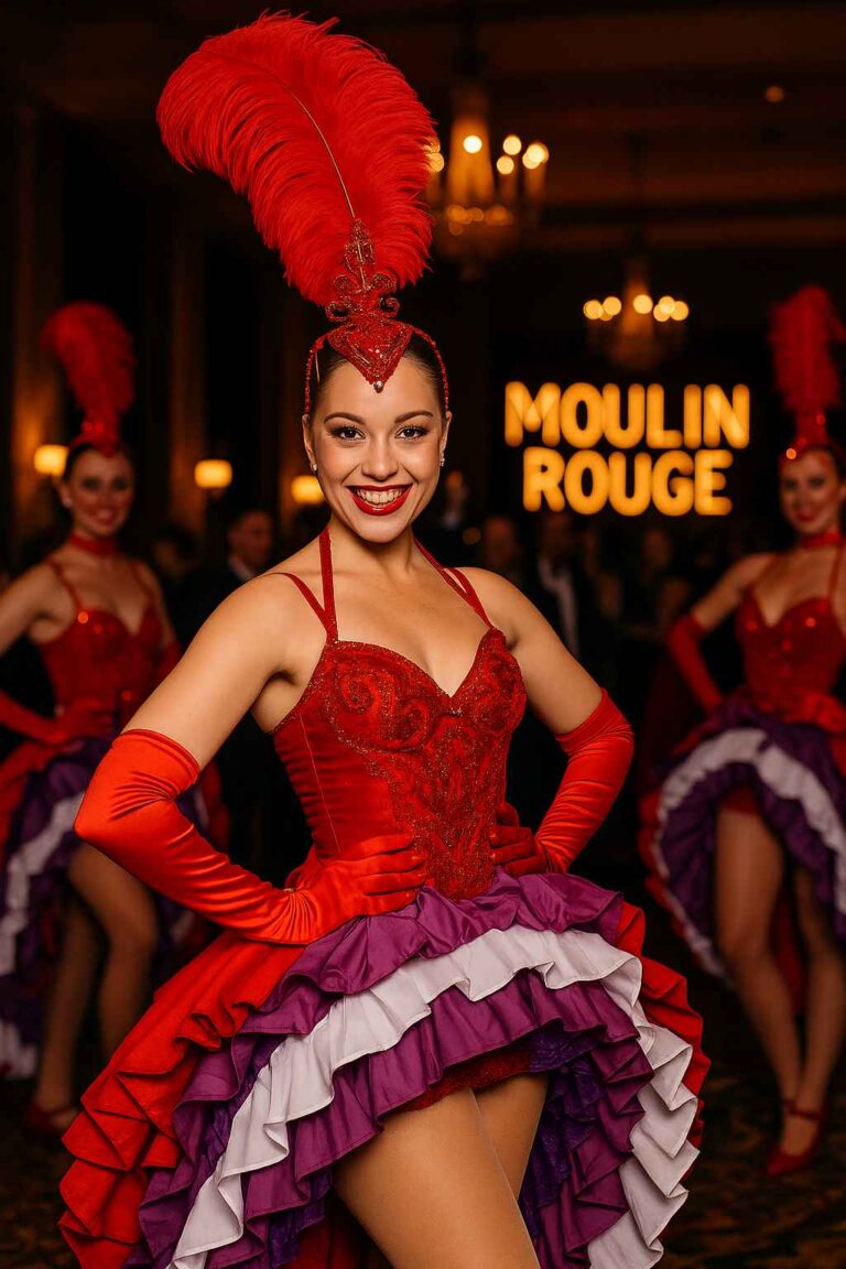 Can Can Dancers for Hire UK performing at a Moulin Rouge themed event in red and purple costumes