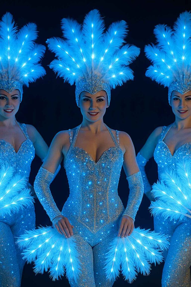 LED showgirls in handmade light-up costumes with illuminated feather headdresses and glowing LED feather fans for night-time events