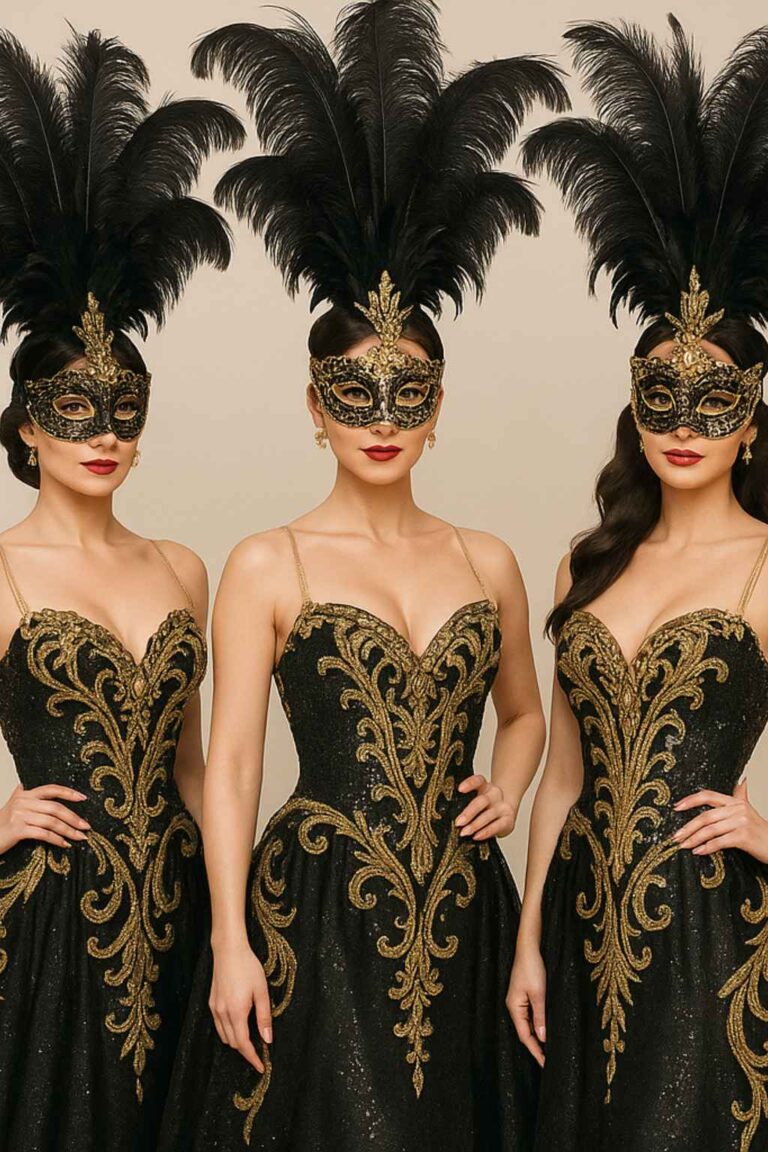 Masquerade ball showgirls wearing black and gold gowns with ornate masks and tall black feathered headdresses, posed against a light background